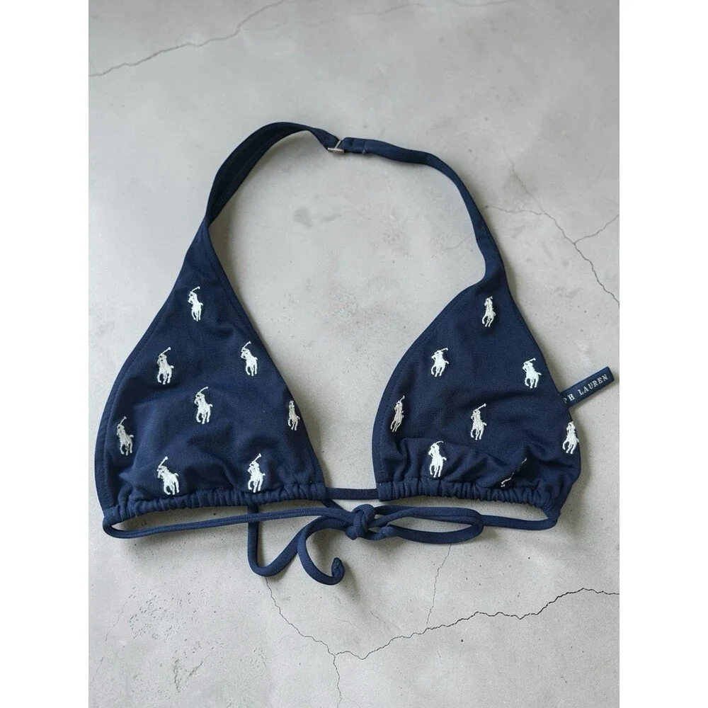 Vintage Polo Ralph Lauren Bikini Medium Navy Blue Embroidered White Pony 90s